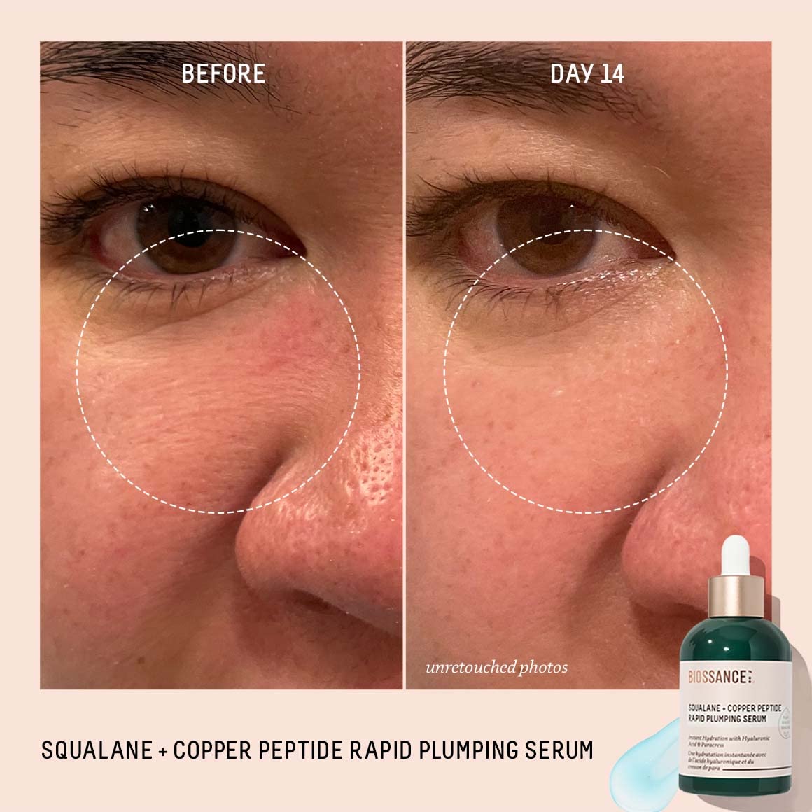 BIOSSANCE Vegan copper peptides drop signals potential smoothing of fine lines.