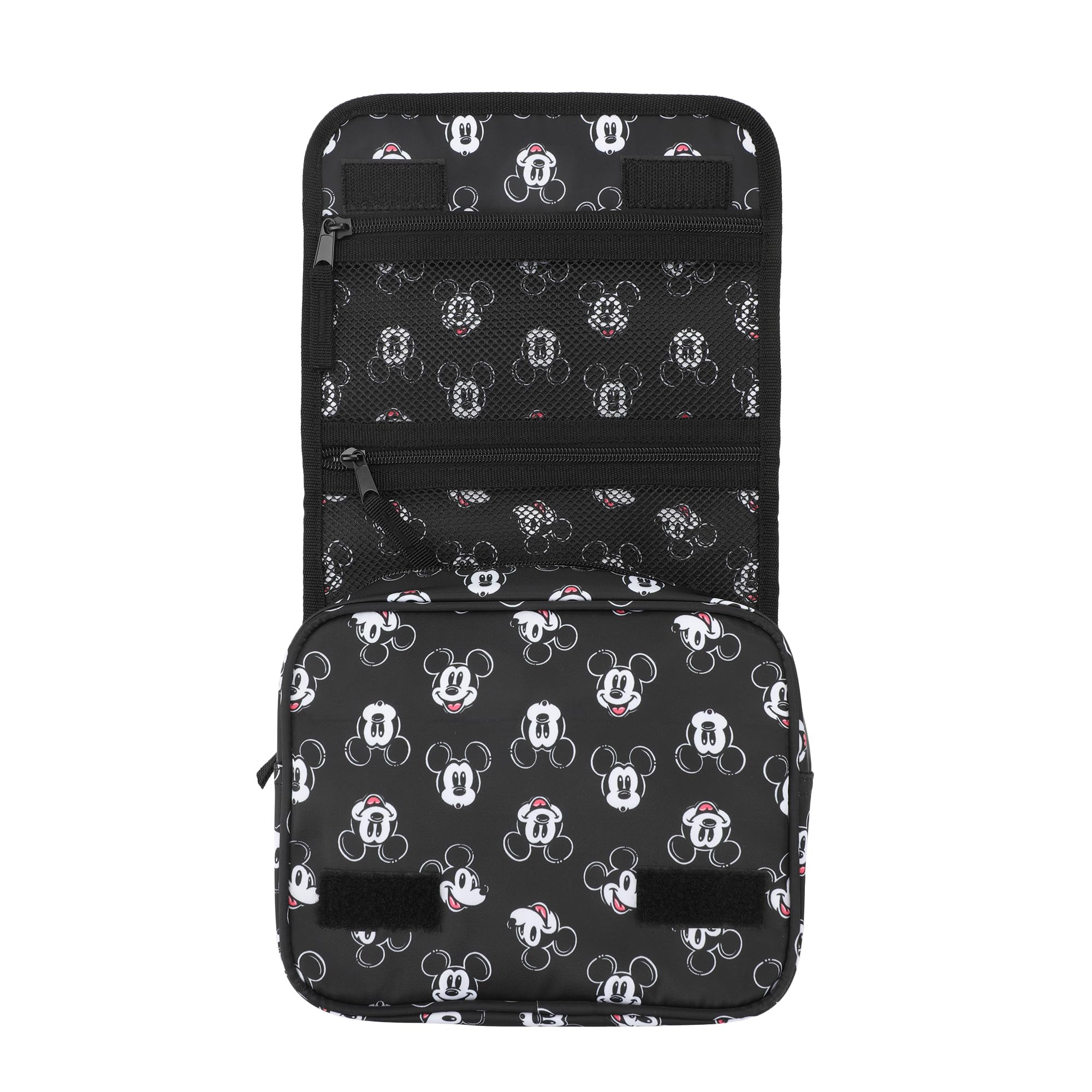 Bioworld Disney Mickey Heads toiletry bag closed demonstrates compact travel organization for on-the-go trips