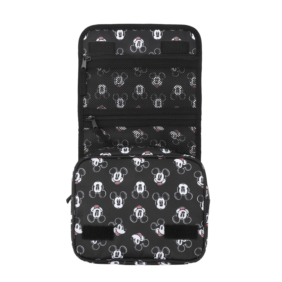 Bioworld Disney Mickey Heads toiletry bag closed demonstrates compact travel organization for on-the-go trips