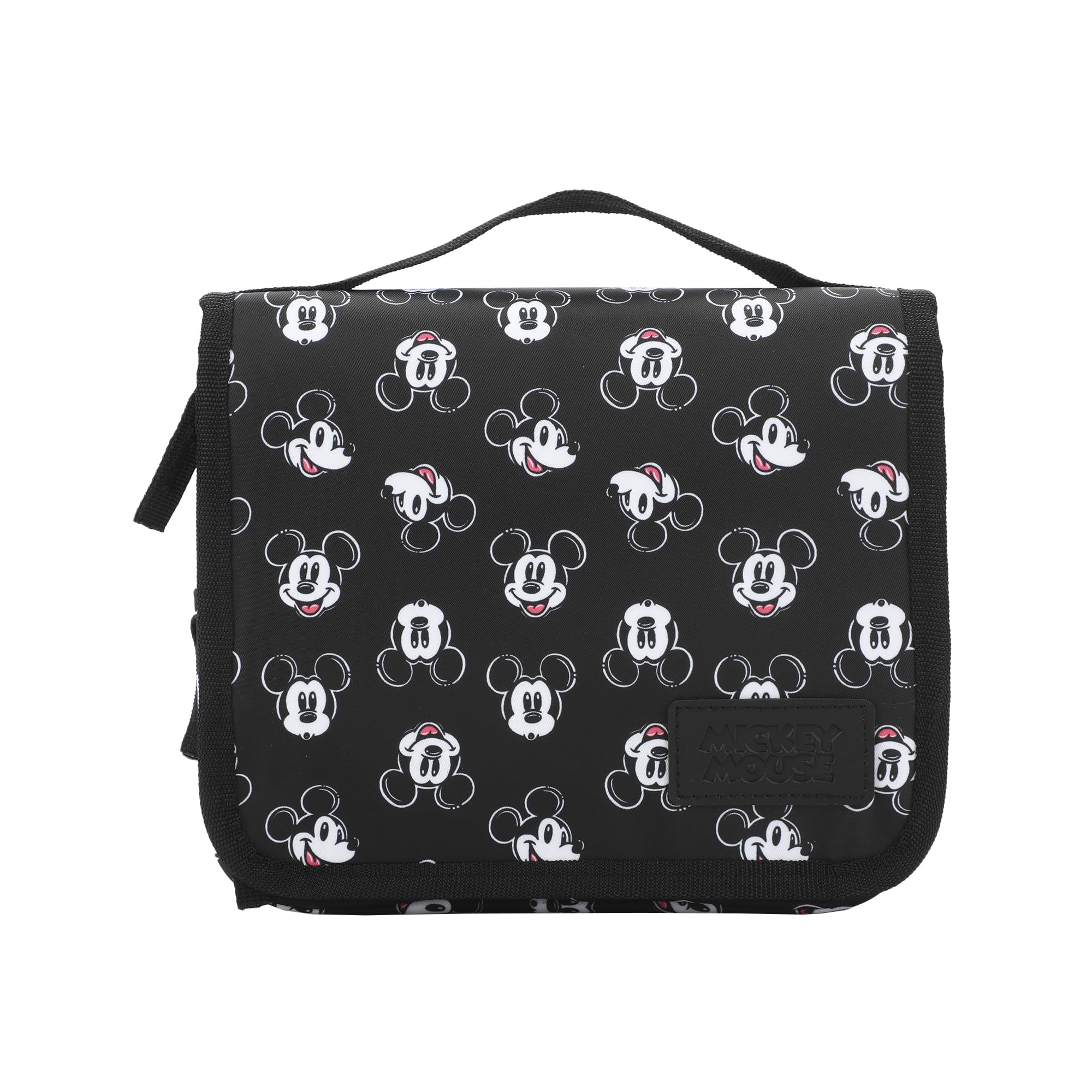 Bioworld Disney Mickey Heads bag open shows interior pockets for organized grooming essentials