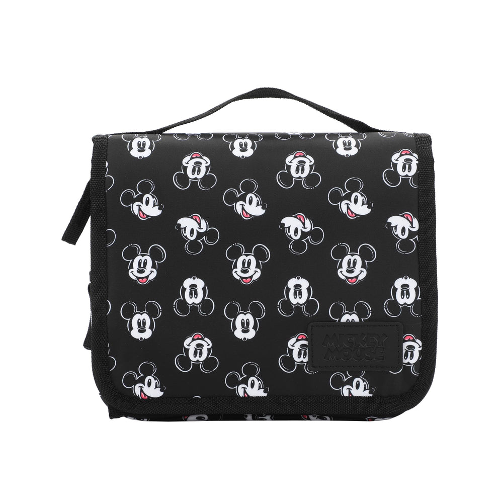 Bioworld Disney Mickey Heads bag open shows interior pockets for organized grooming essentials
