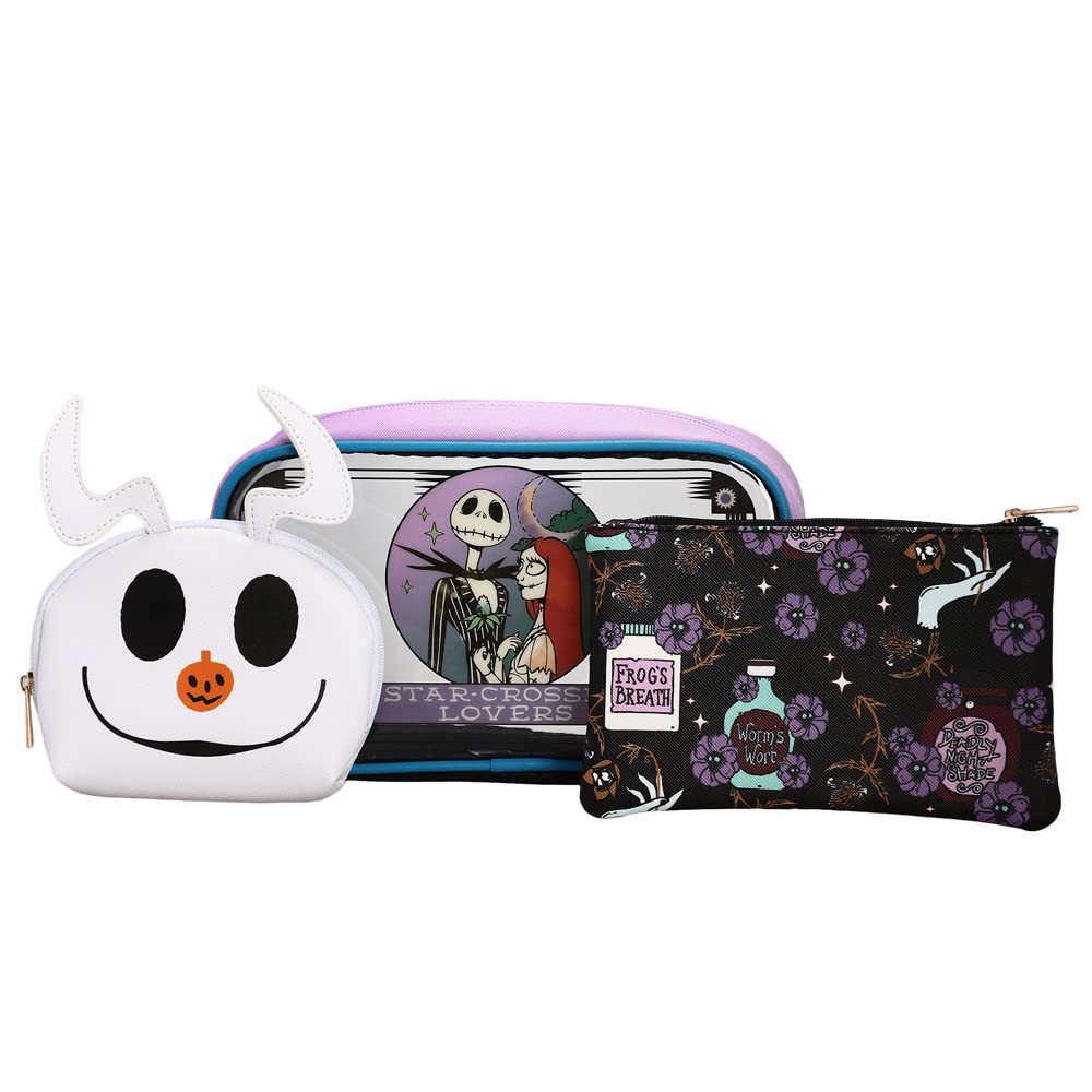 Bioworld Nightmare Before Christmas travel toiletry set front view demonstrates compact cosmetics organization.