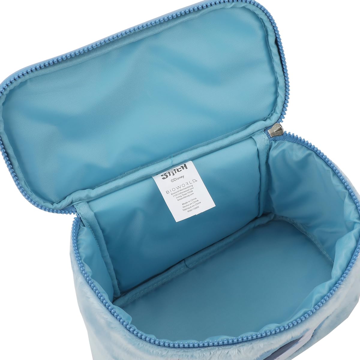 Bioworld Stitch blue beauty case with wipe-clean surface for quick upkeep.