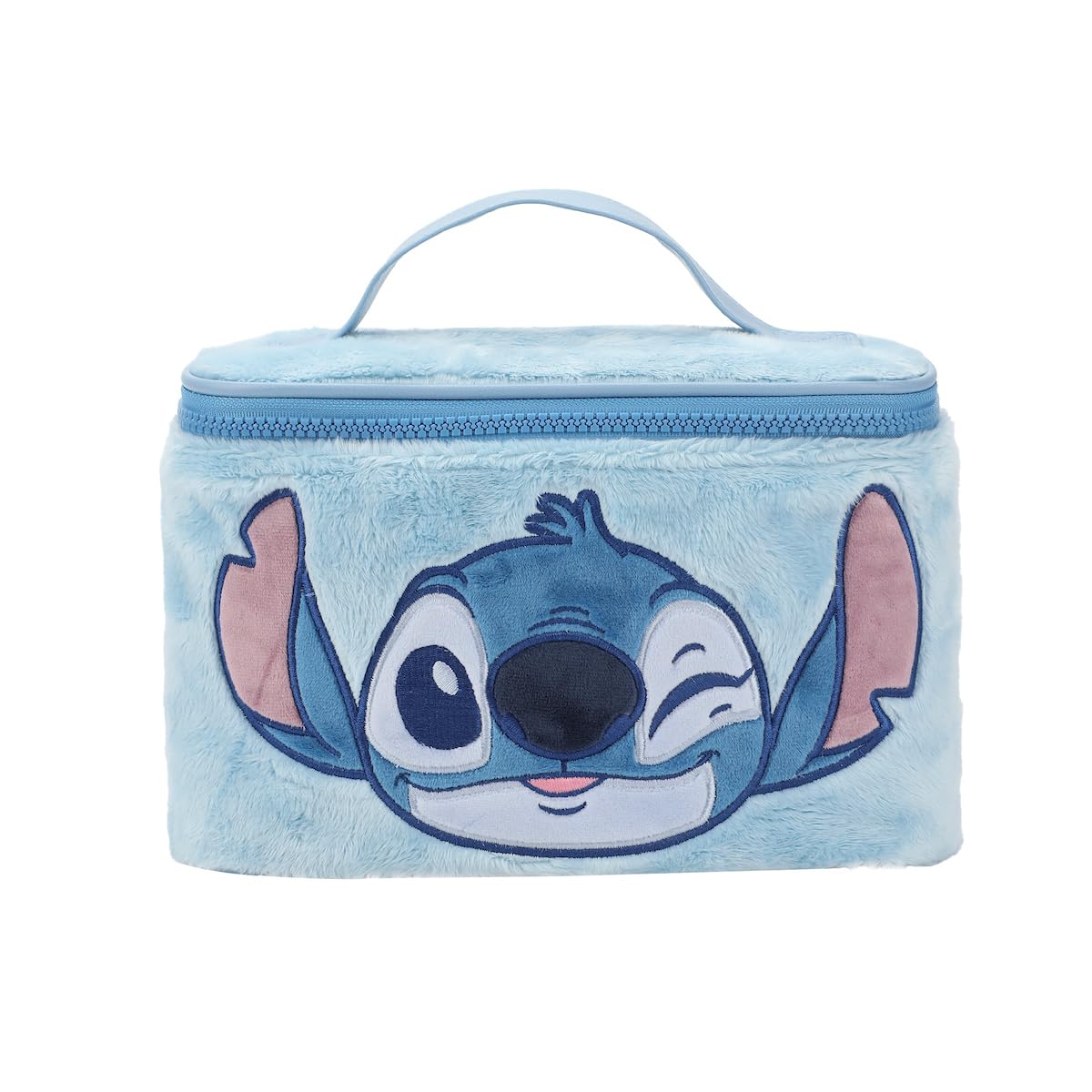 Bioworld Disney Stitch embroidered face beauty case showing compact 6-inch size for travel.