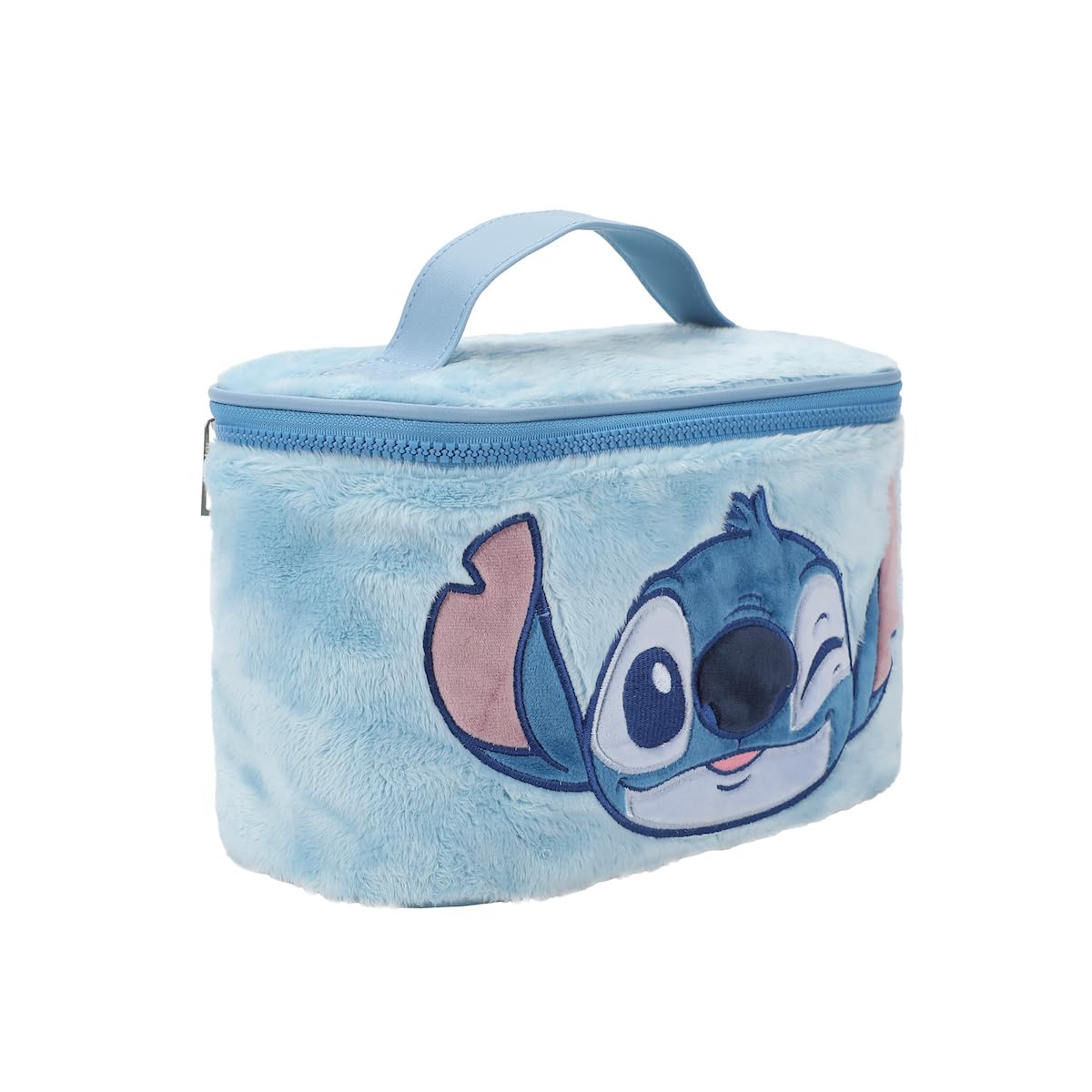 Bioworld Stitch embroidery detail adds playful charm to a durable makeup pouch.