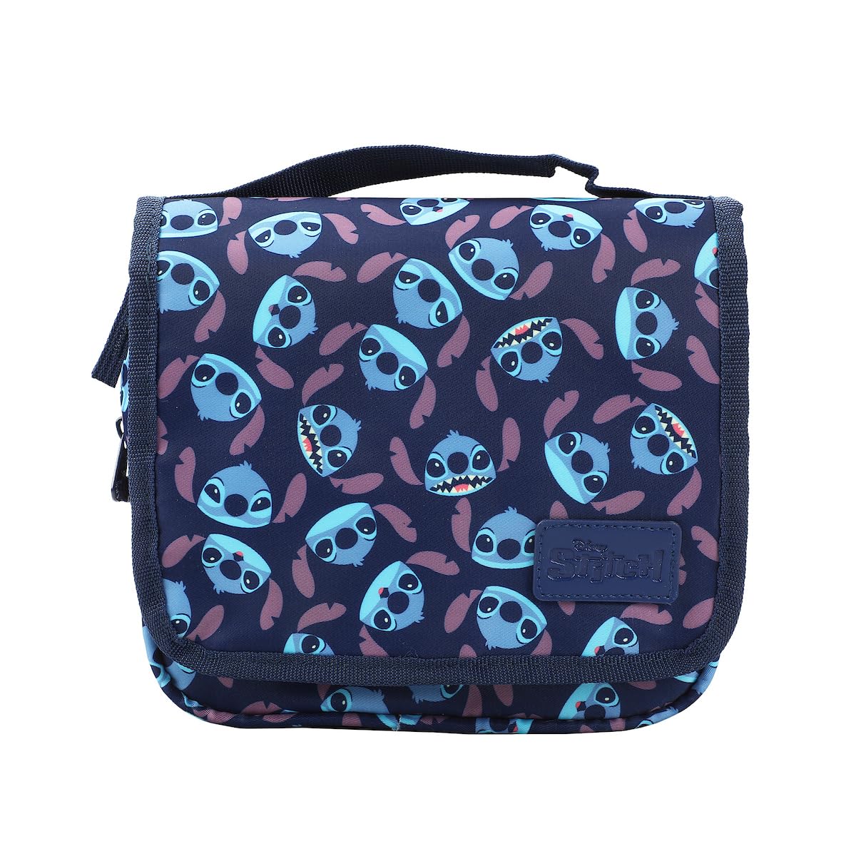 Stitch pattern folding toiletry kit with interior pockets for organized trips.