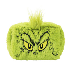 Bioworld Grinch big-face cosmetic bag with iconic grin for festive makeup storage.