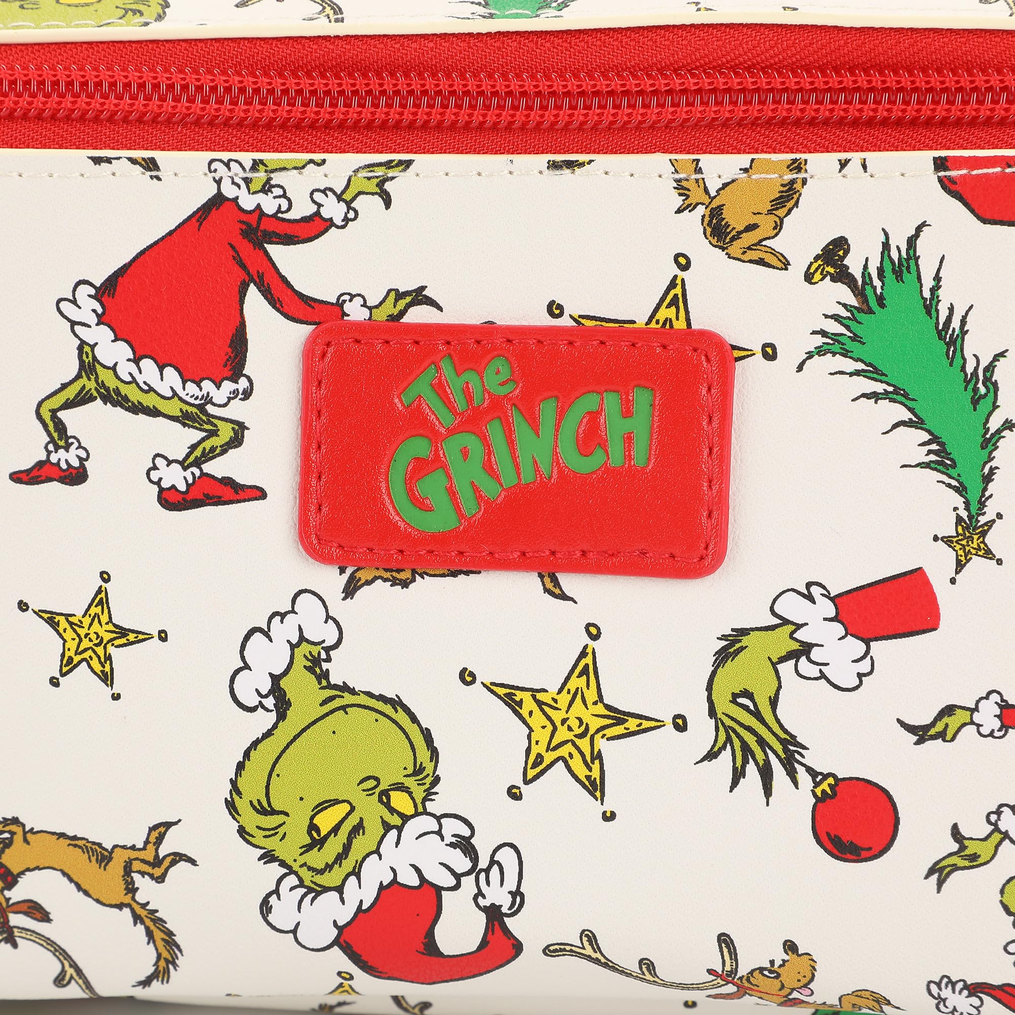 Bioworld The Grinch cosmetic bag easy-clean surface for spill cleanup.