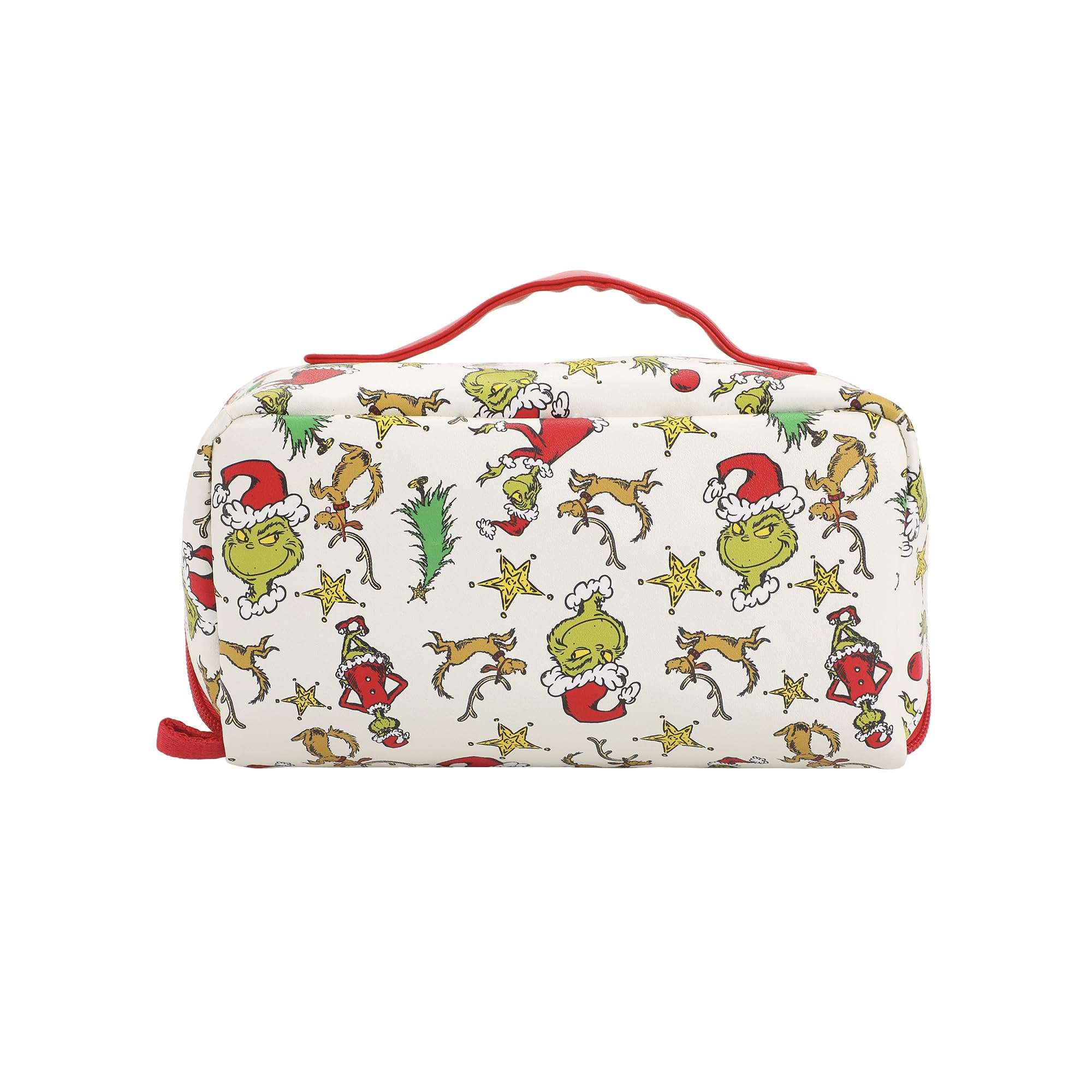 Bioworld The Grinch cosmetic bag with zipper closure keeps essentials secure while traveling.