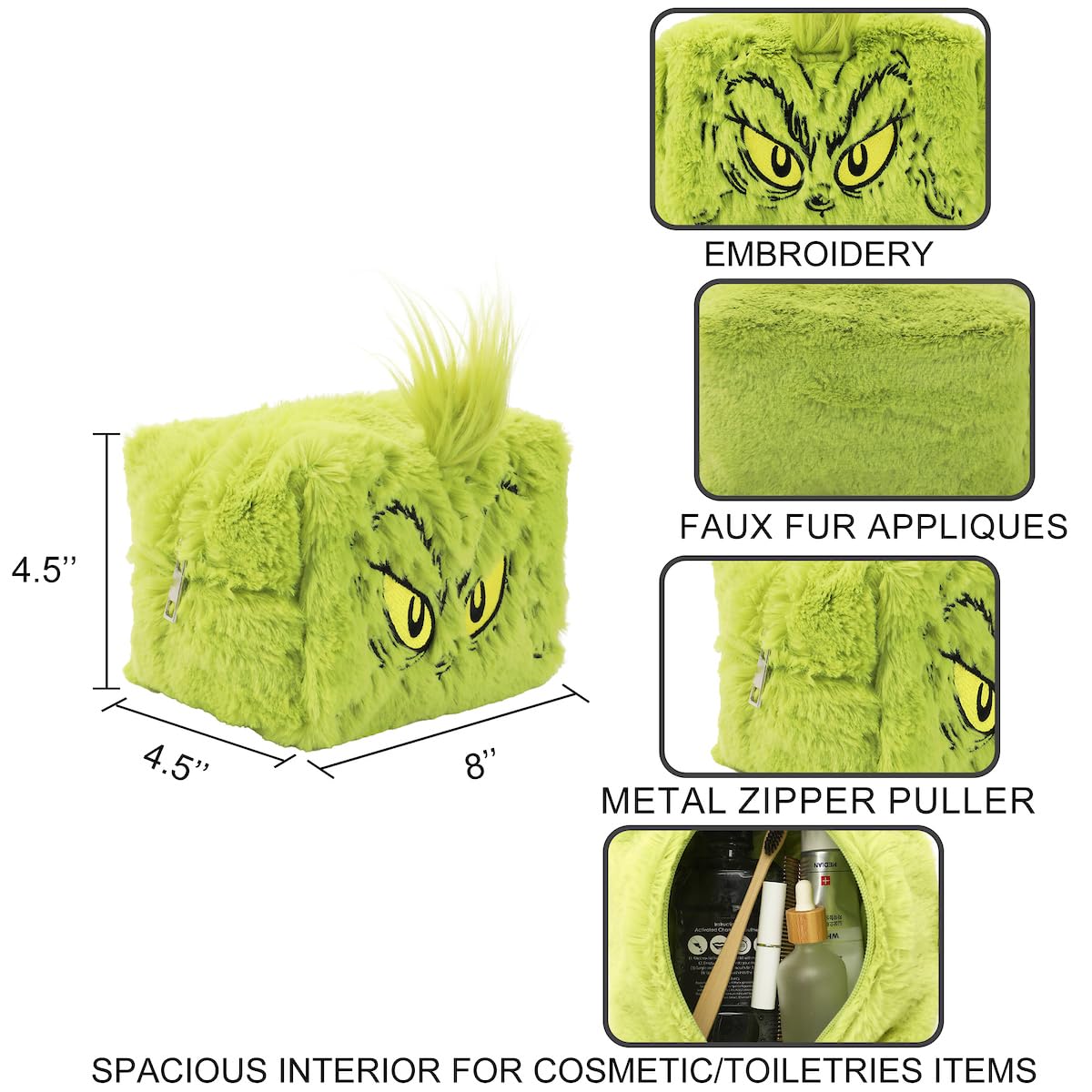 Bioworld Grinch easy-clean faux fur surface keeps the bag looking fresh.
