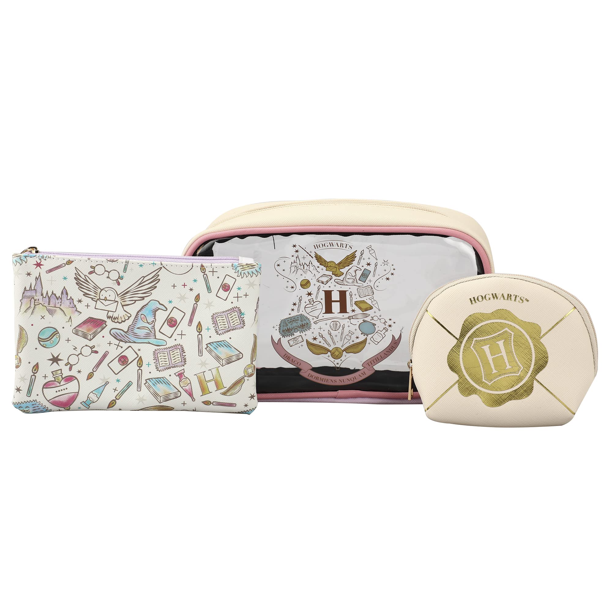 Bioworld Harry Potter Hogwarts Crest large travel bag with pink trim for organized packing on trips.