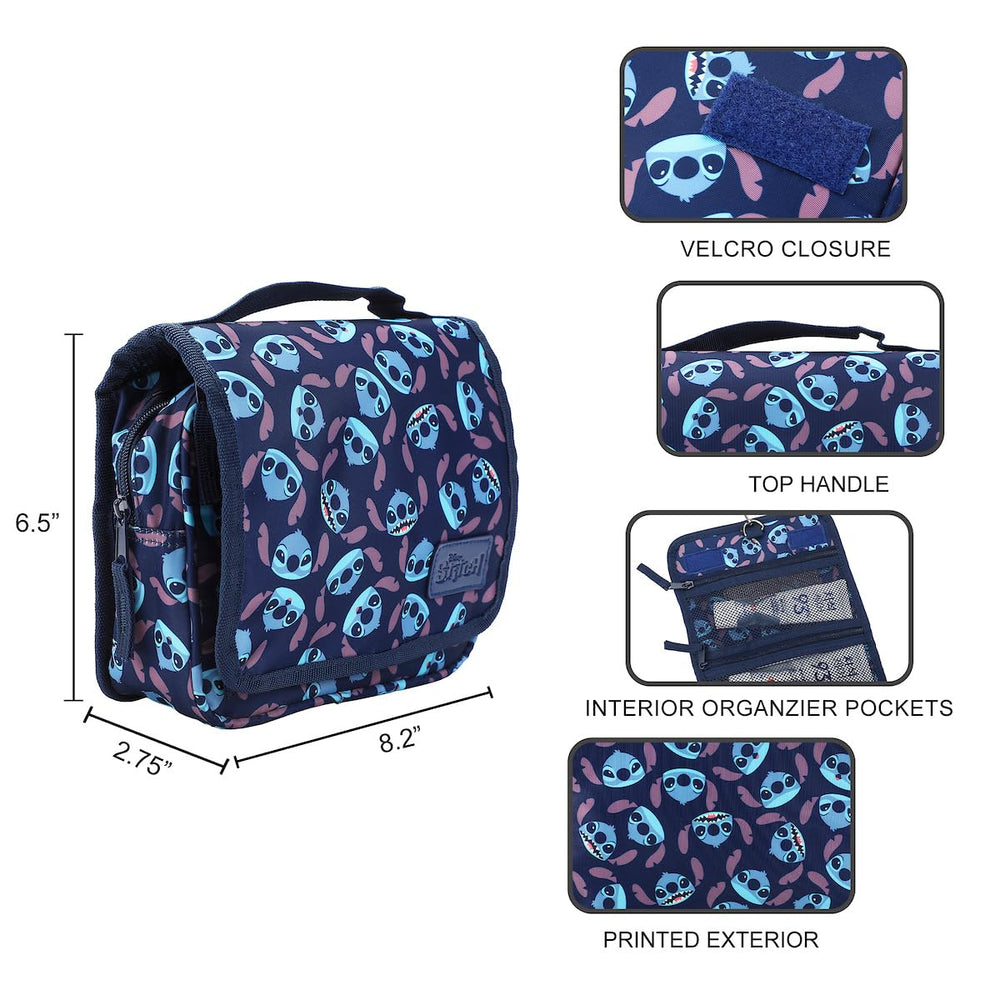 Toiletry kit with Velcro closure keeps items secure during packing and transit.
