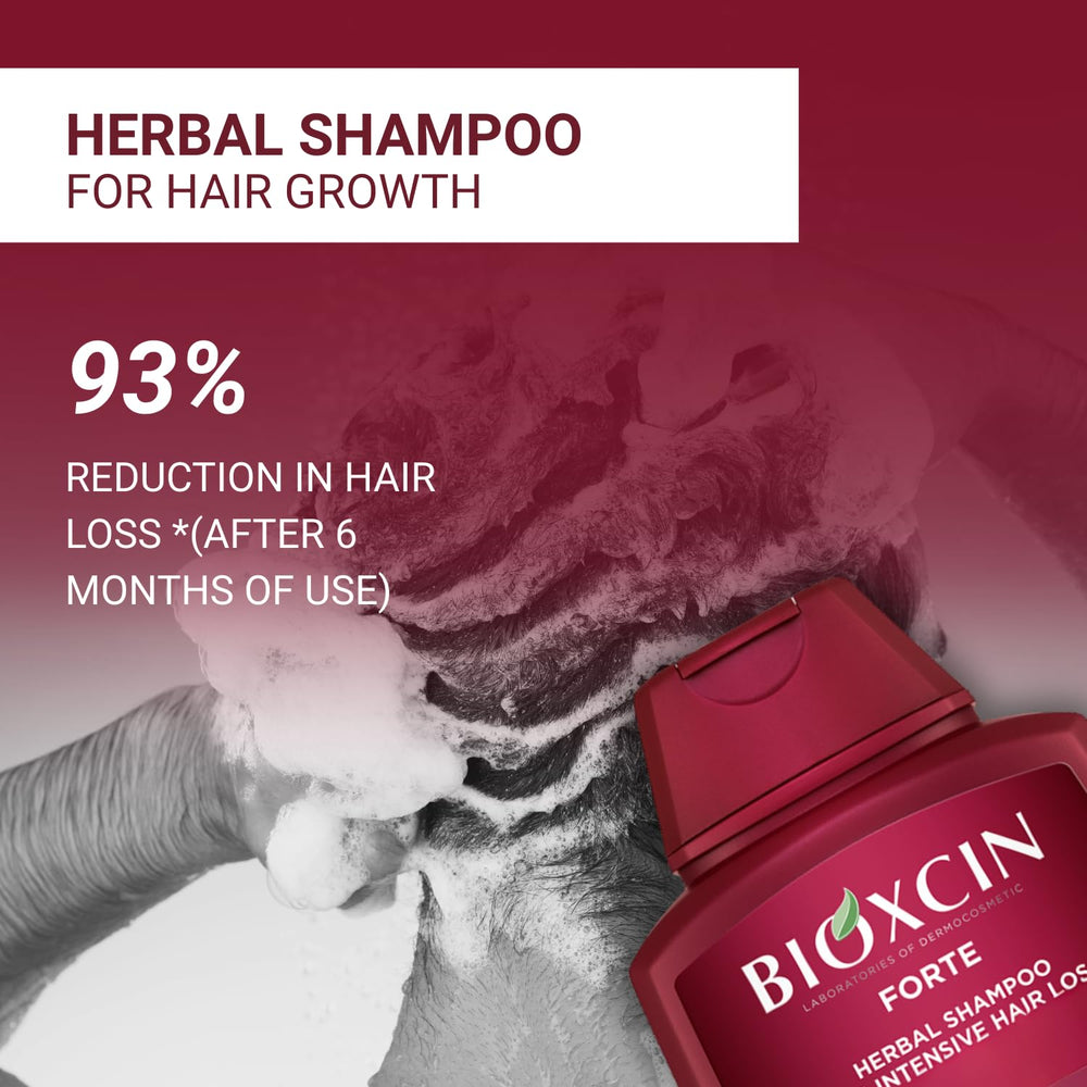 BIOXCIN Herbal Shampoo dense hair view hints at thicker-feeling strands over time.