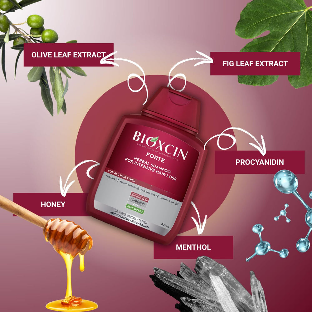 BIOXCIN Herbal Shampoo ingredients botanicals highlight natural extracts for nourished hair health.