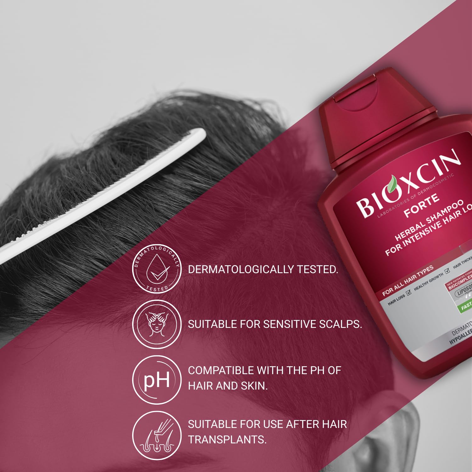 BIOXCIN Herbal Shampoo packaging box highlights dermatologist-tested hypoallergenic formula for all hair types.