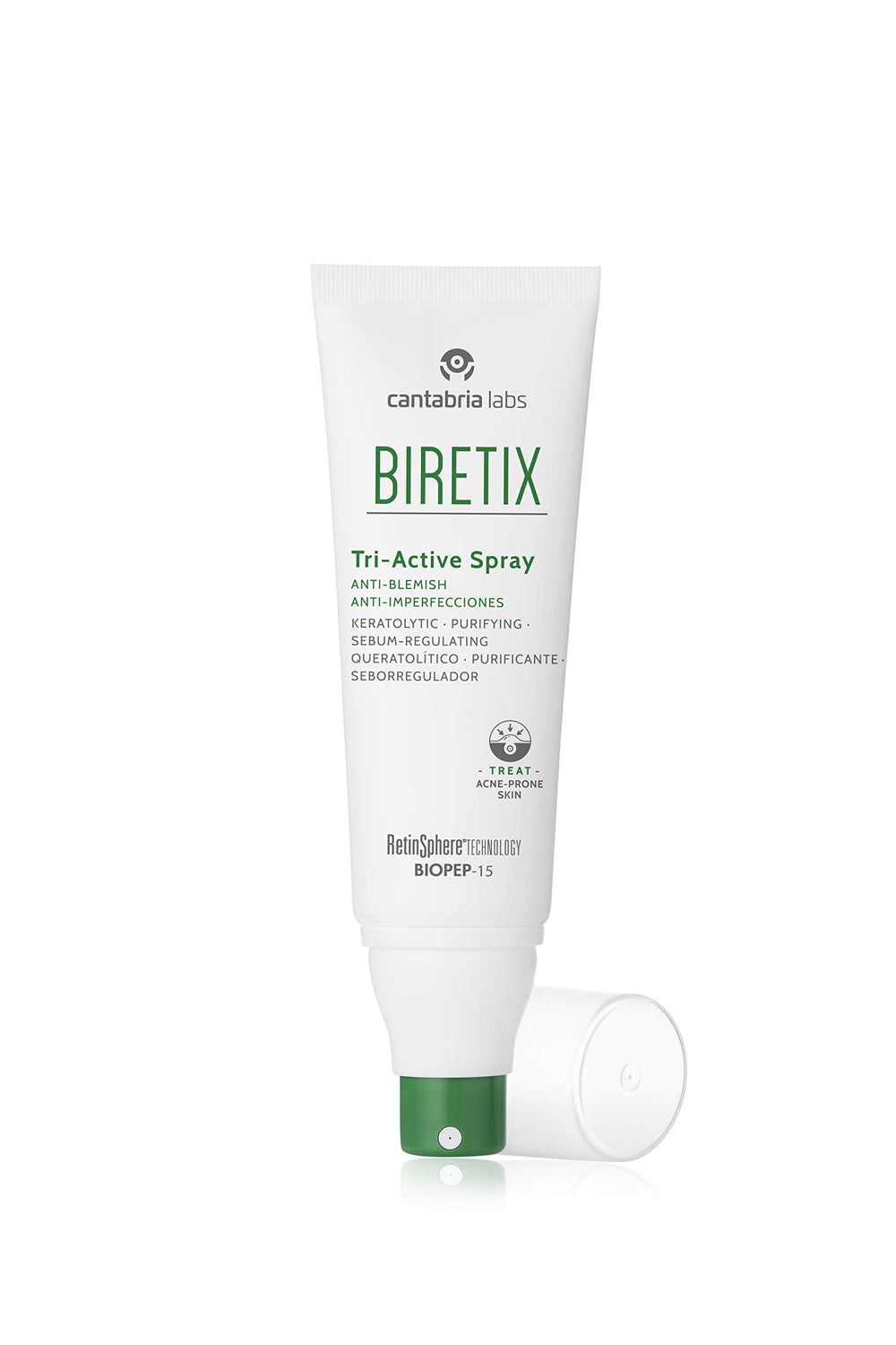 Biretix Tri-Active Spray in hand, portable daily skin care solution.