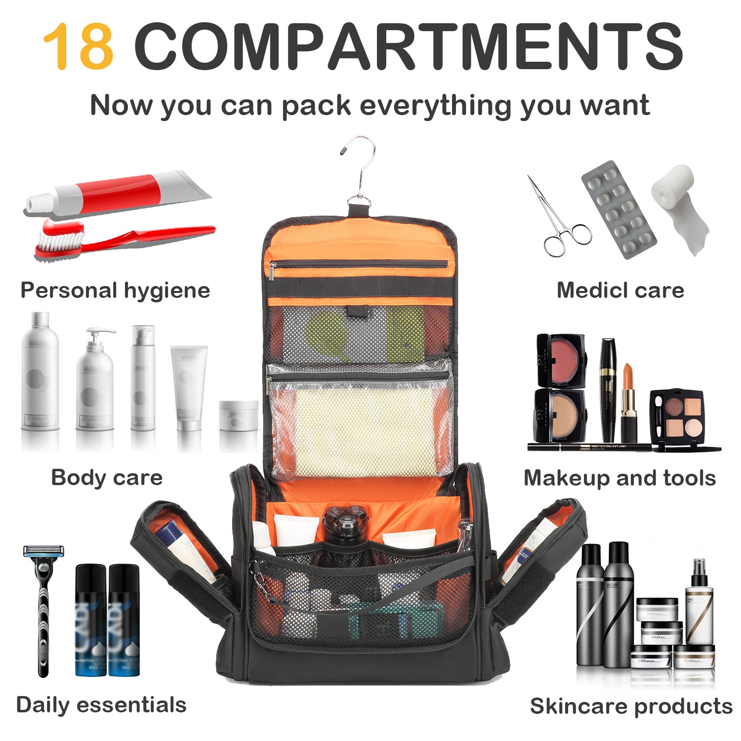 BISKLNDN toiletry bag hanging 360-degree hook enables hands-free bathroom access.