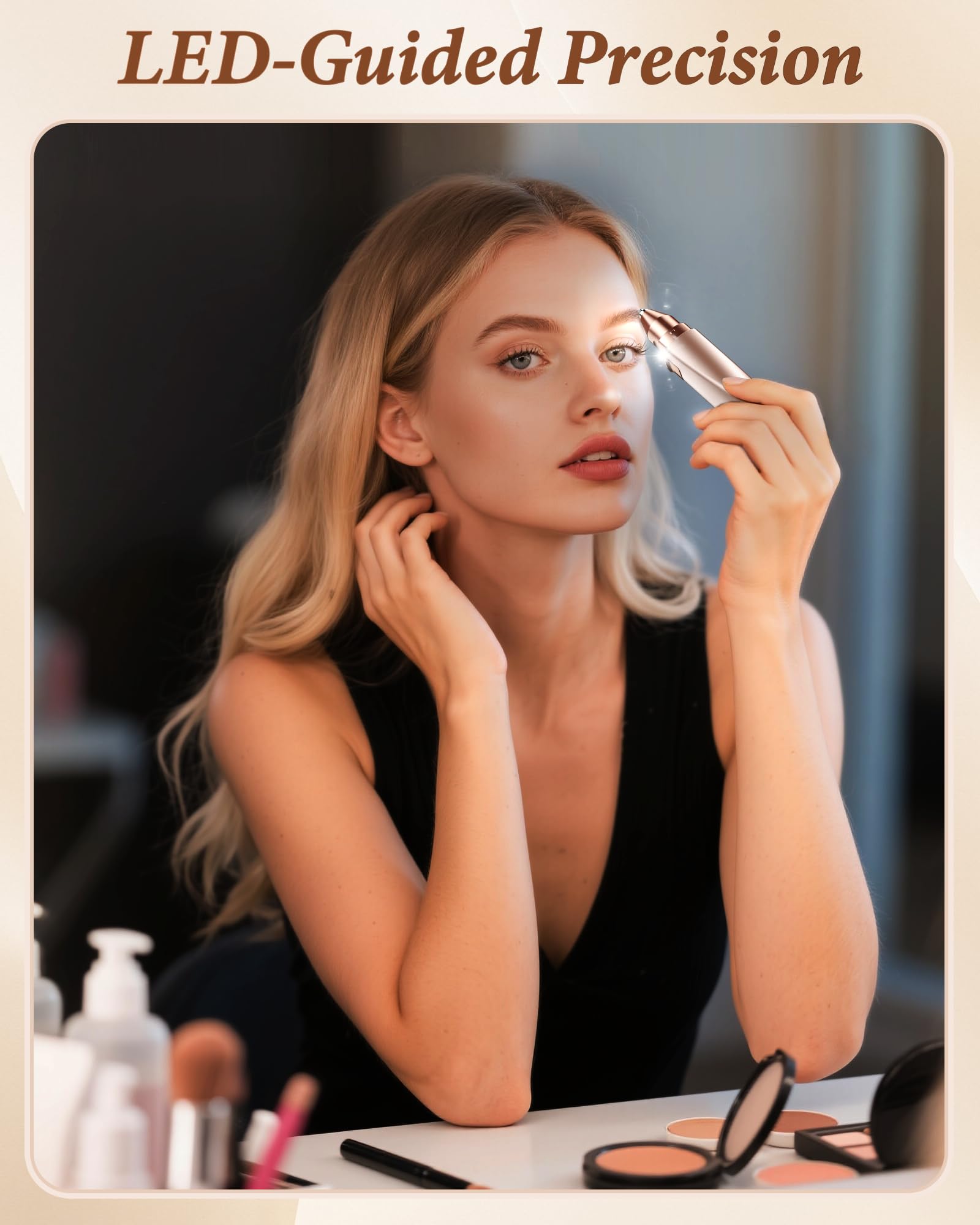 Bissuuy eyebrow trimming shown around brow, upper lip, and chin