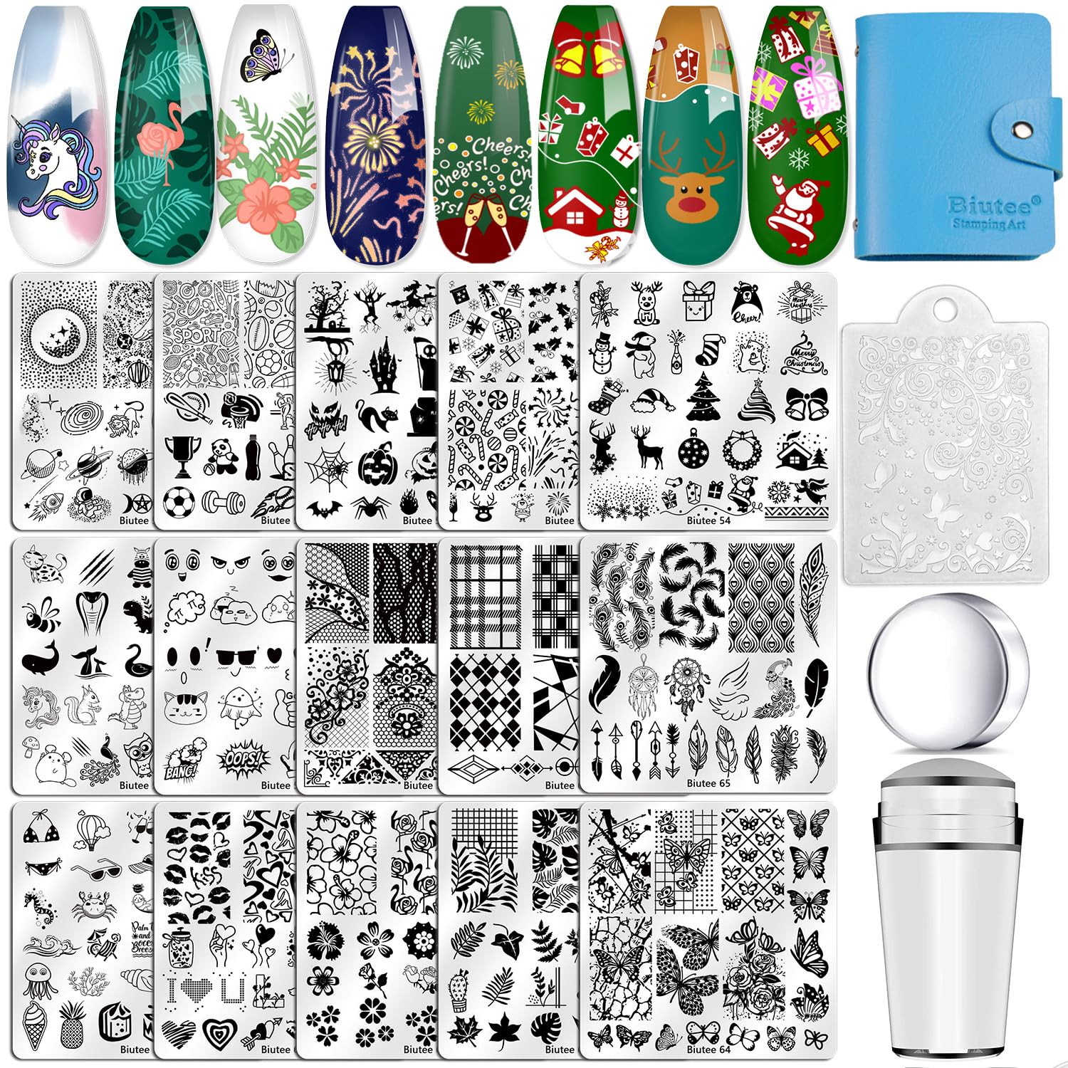 Biutee nail stamping plates set 15pcs shows diverse patterns for stylish nail art ideas