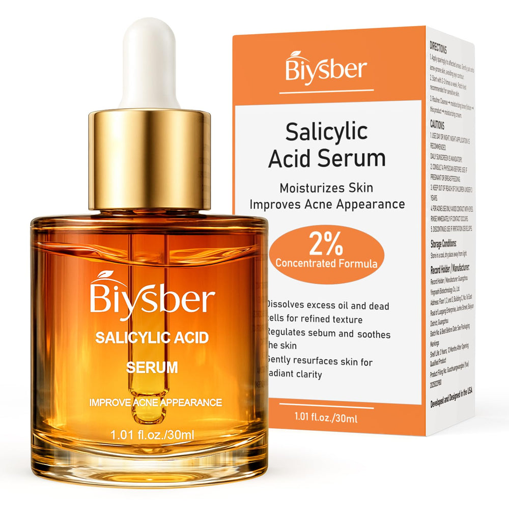 BIYSBER salicylic acid serum bottle highlights pore-refining treatment for oil control and smoother skin.