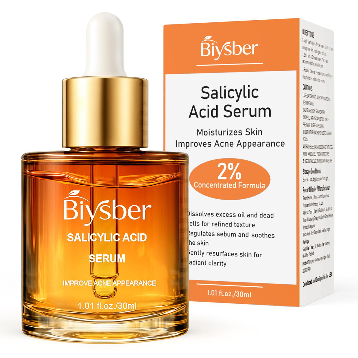 BIYSBER salicylic acid serum bottle highlights pore-refining treatment for oil control and smoother skin.