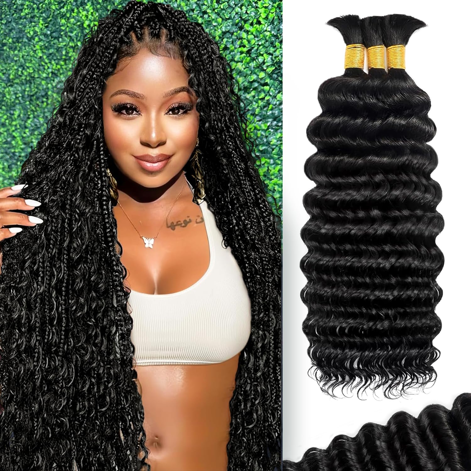 BIZVUS deep wave braiding hair shows glossy curls ideal for boho braids and long wear