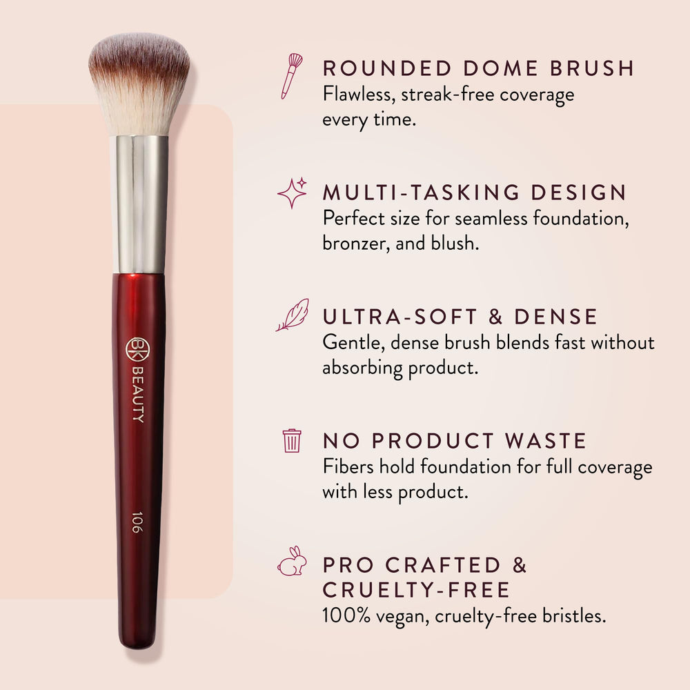 BK BEAUTY 106 Round Foundation Brush close-up of soft bristles for gentle blending.