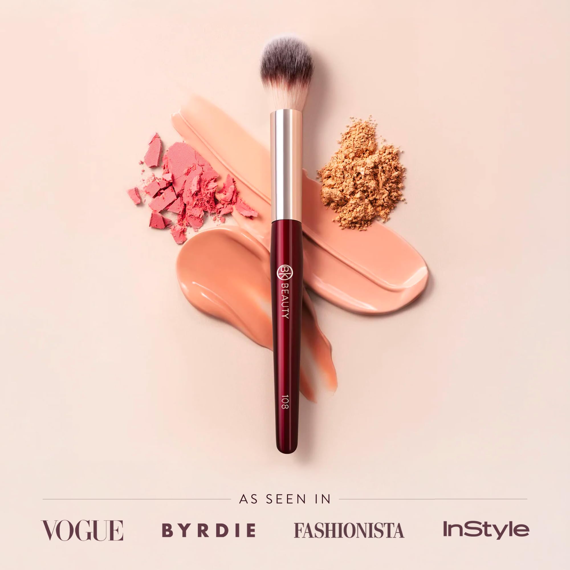 BK Beauty 108 precision powder brush cruelty-free badge closeup.