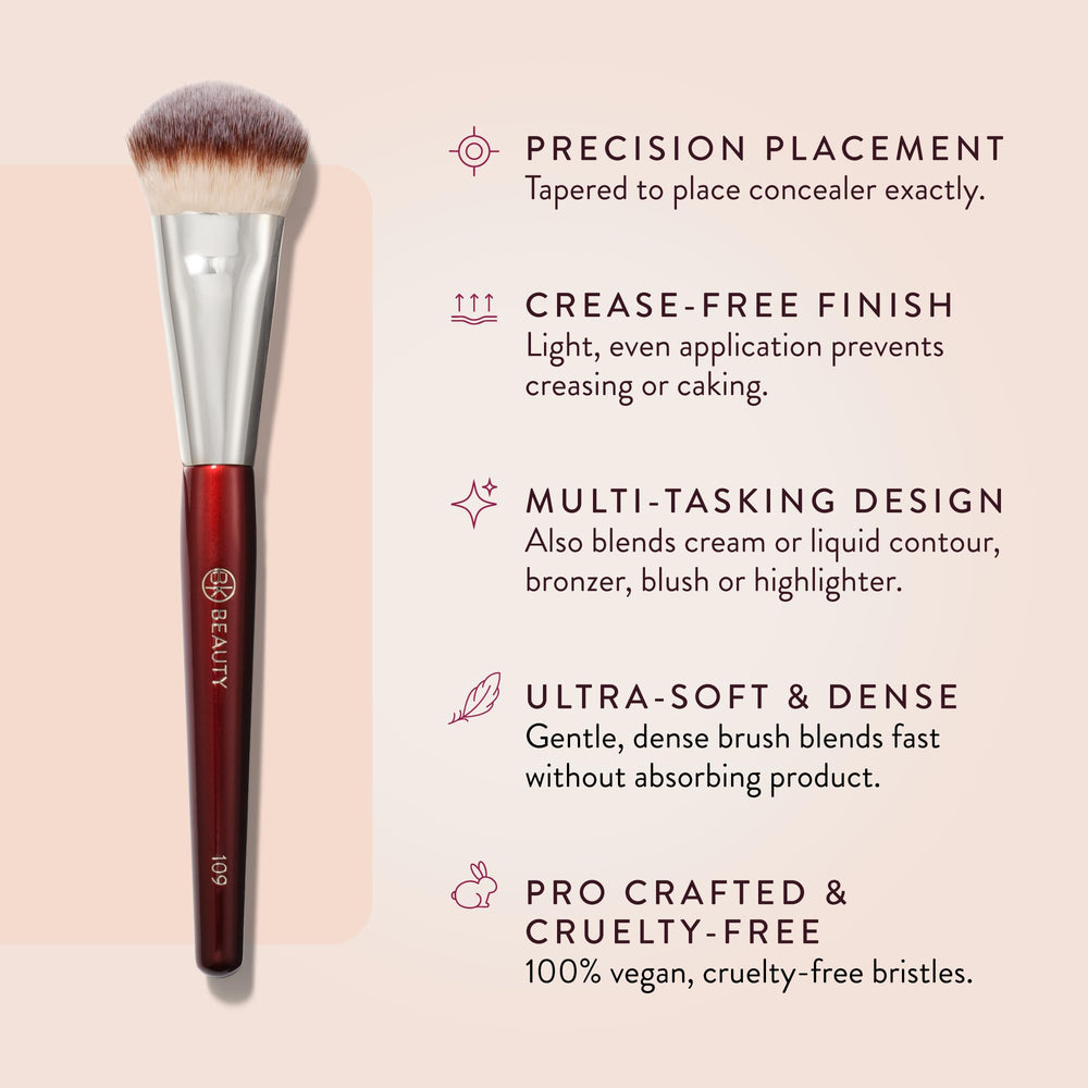 BK Beauty 109 Mini Contoured Foundation brush soft fiber detail for gentle blending.