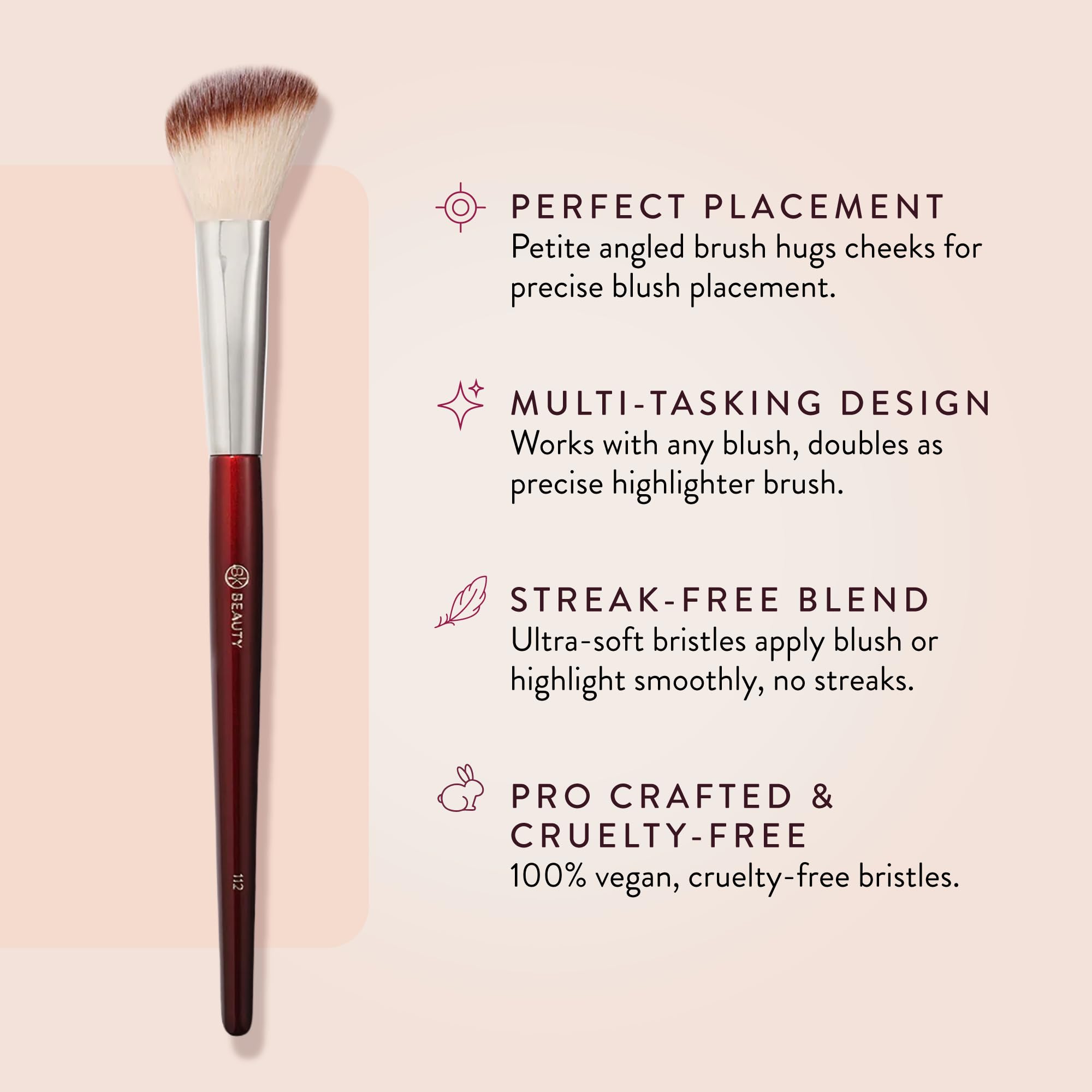 BK BEAUTY 112 small angled face brush handle profile for comfortable grip during precise blush.