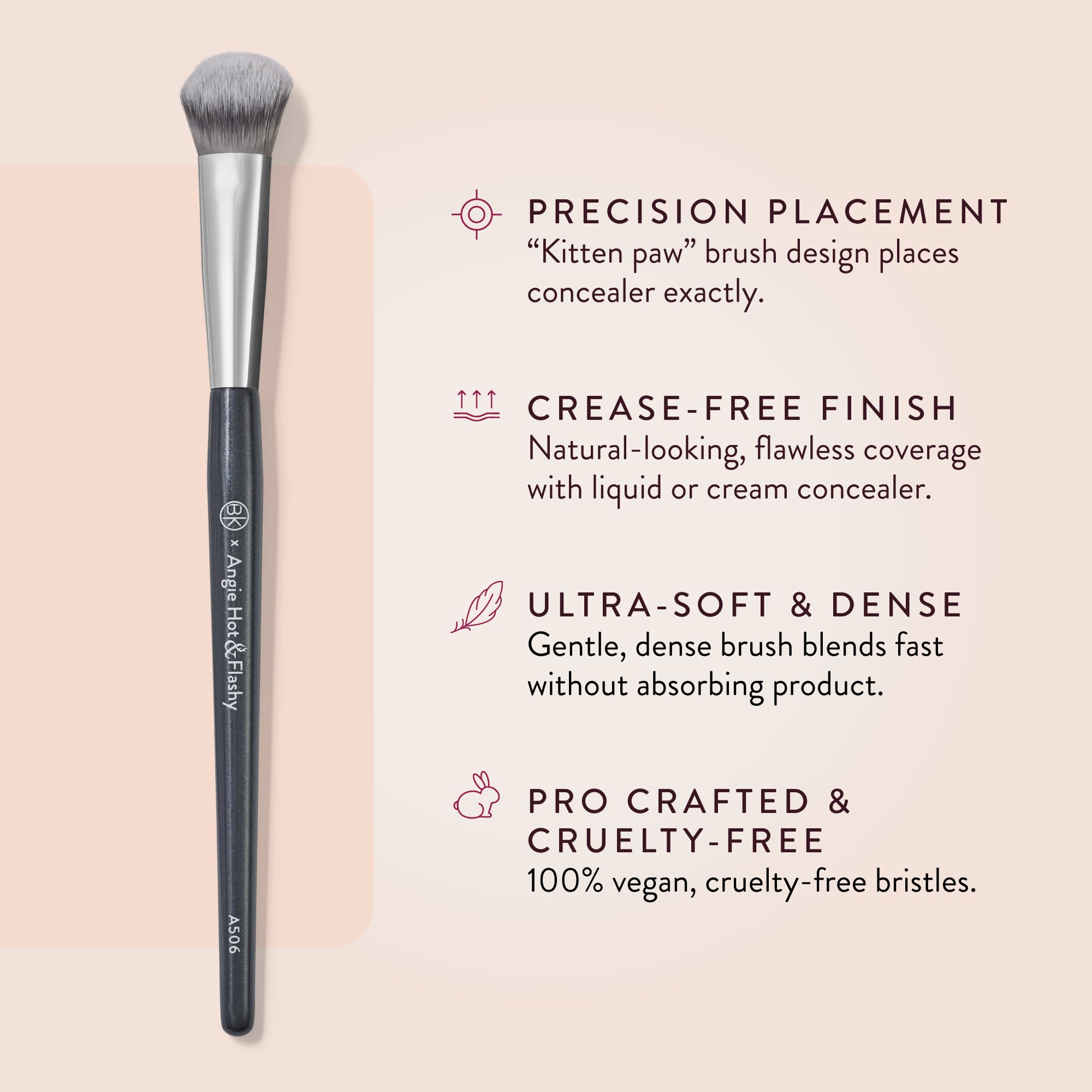 BK Beauty Angie A506 close-up of ultra-soft vegan bristles for gentle patting.