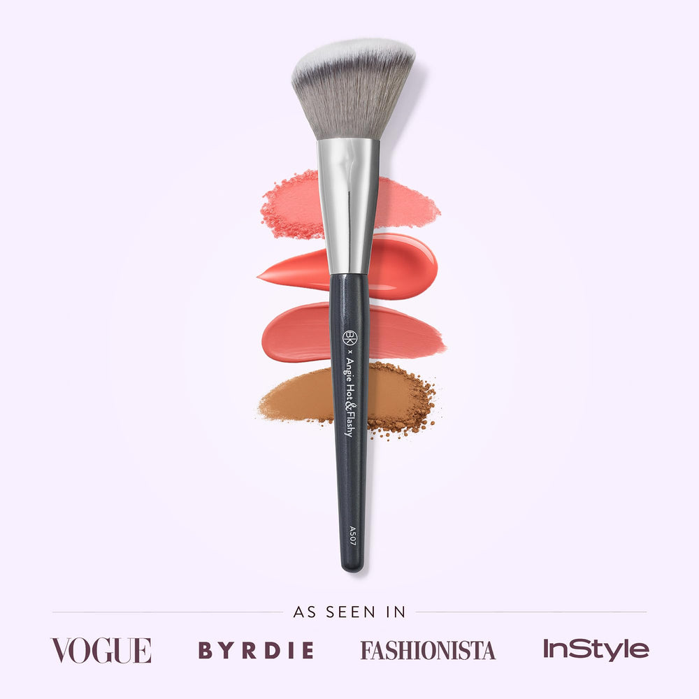 BK Beauty Angie A507 angled brush on cheek demonstrates seamless blend and natural finish.
