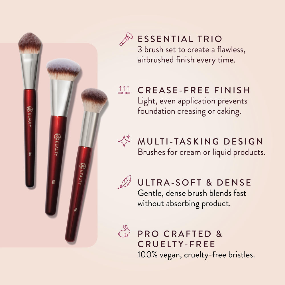 BK Beauty Core Complexion Trio 115 foundation brush close-up highlights precise, streak-free coverage.
