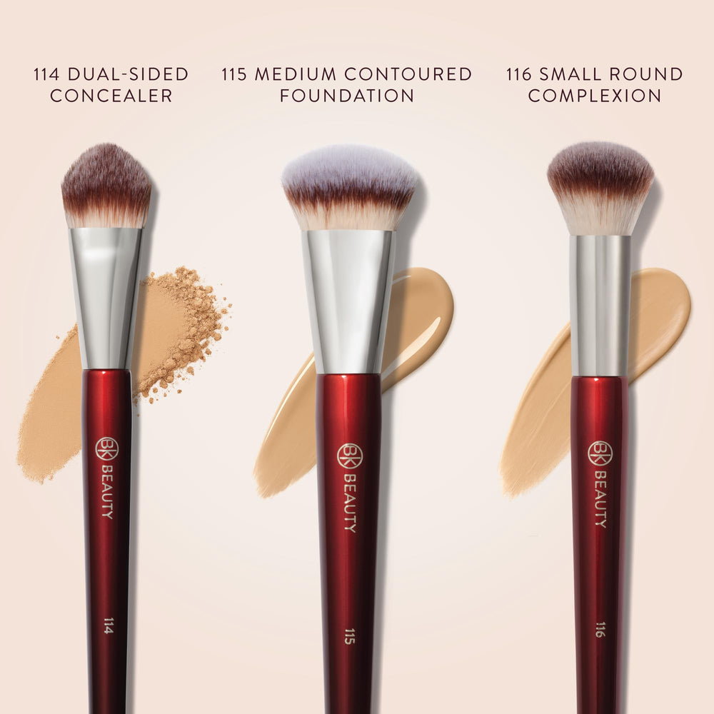 BK Beauty Core Complexion Trio 116 foundation brush close-up demonstrates sculpting and blended finish.