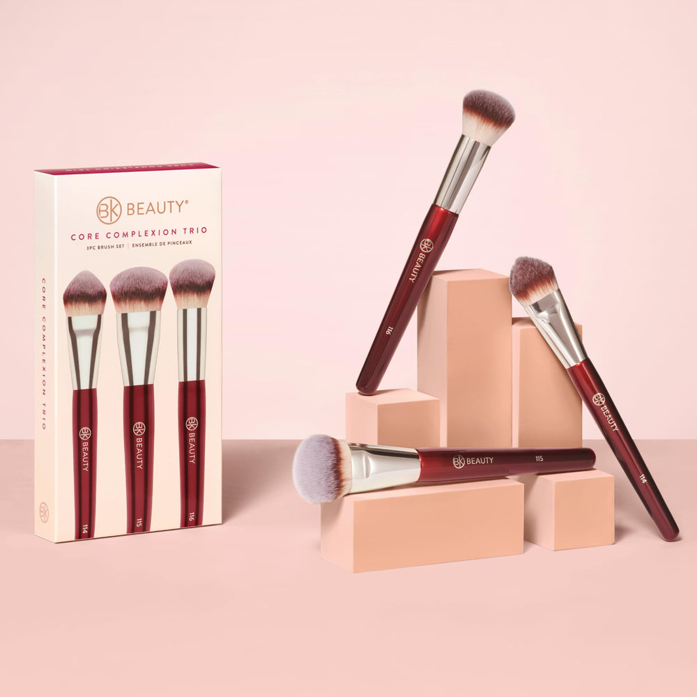 BK Beauty Core Complexion Trio in-use demo illustrates an even finish across liquid and powder formulas.