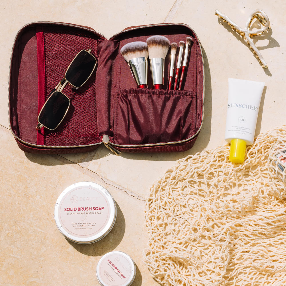 BK BEAUTY travel brush set in compact pouch ideal for on-the-go makeup