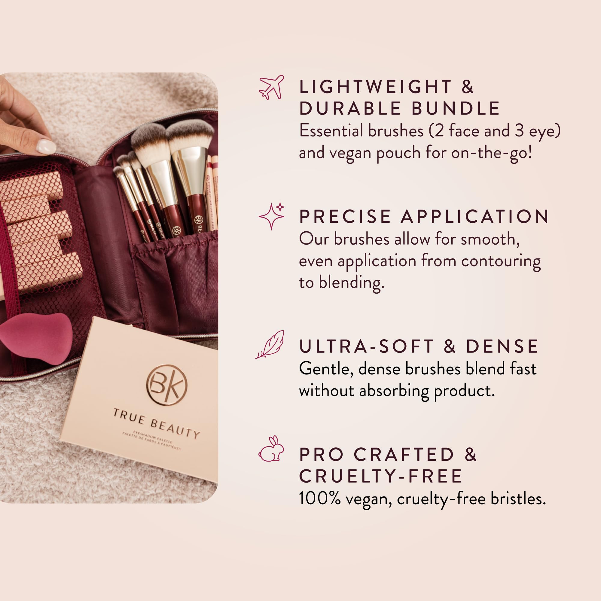 BK BEAUTY travel brush set vegan leather pouch shown as portable organizer