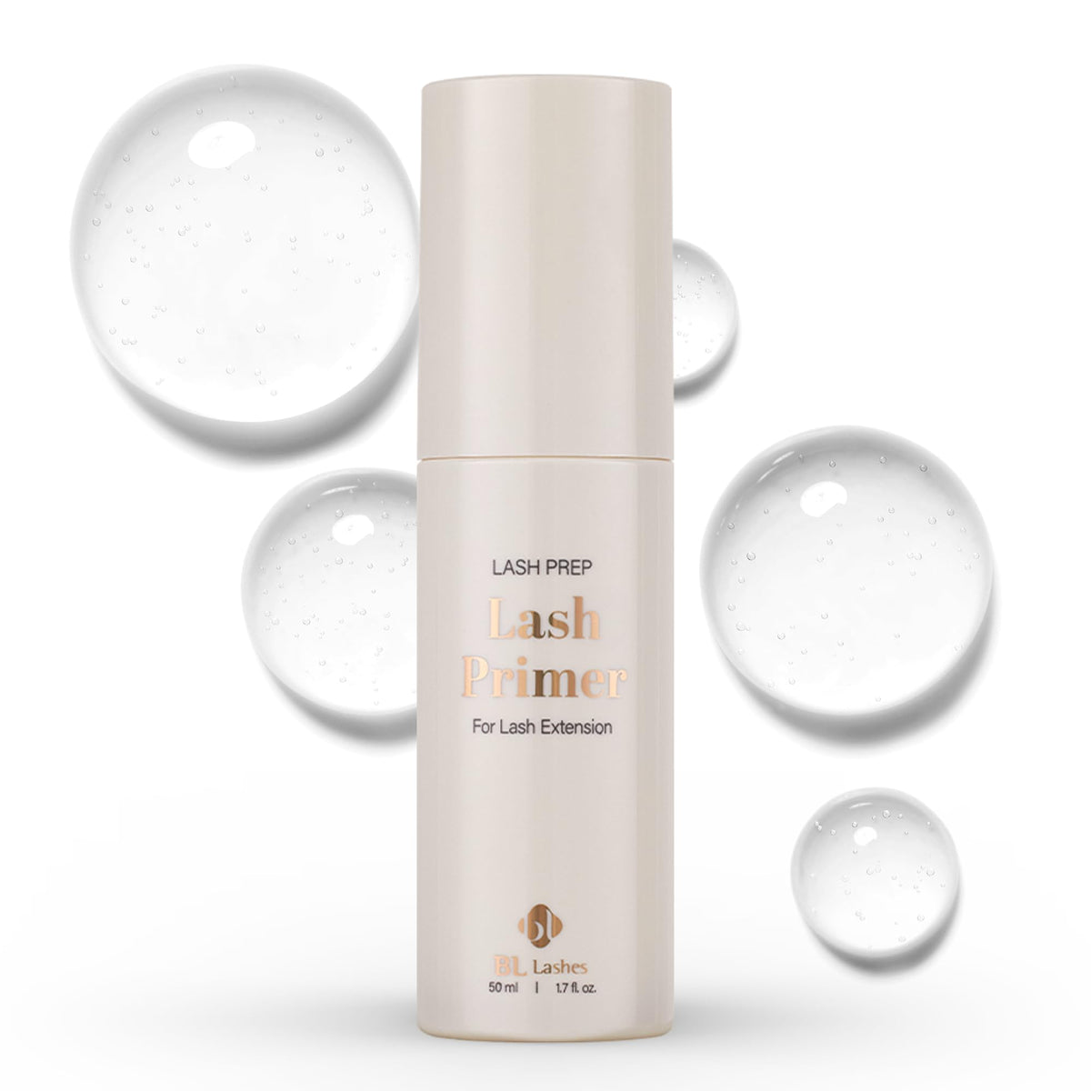 BL Lashes Primer bottle front view; oil-free pre-treatment supports cleaner lash prep