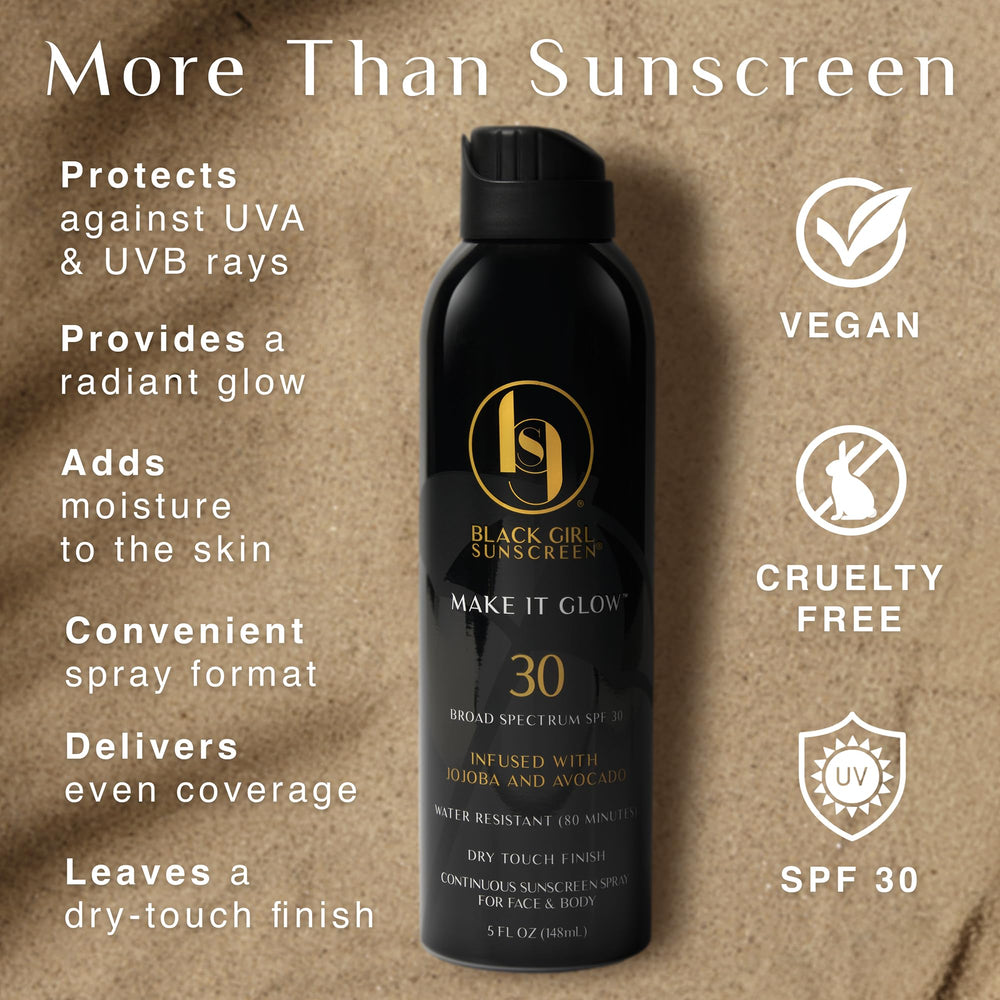 Make It Glow clear spray dries without white cast on melanin-rich skin.