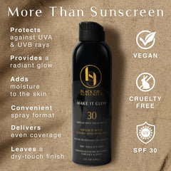 Make It Glow clear spray dries without white cast on melanin-rich skin.