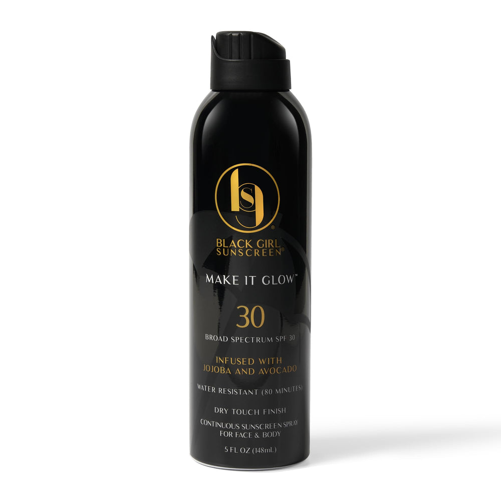 Black Girl Sunscreen Make It Glow spray bottle showing clear, lightweight SPF 30 protection for face and body.