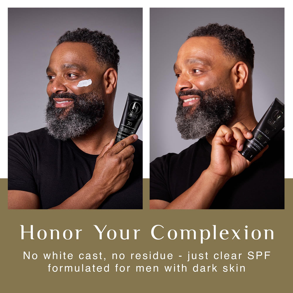 Black Girl Sunscreen Men's SPF 30 dispensing pump in use, easy application on the go