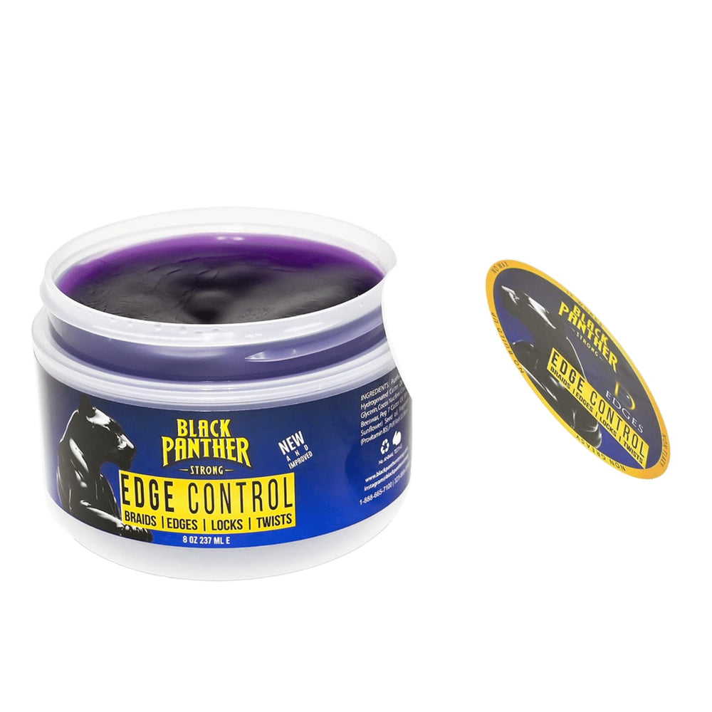 Black Panther Strong Diamond Edges bottle closeup shows non-greasy edge control for sleek edges.