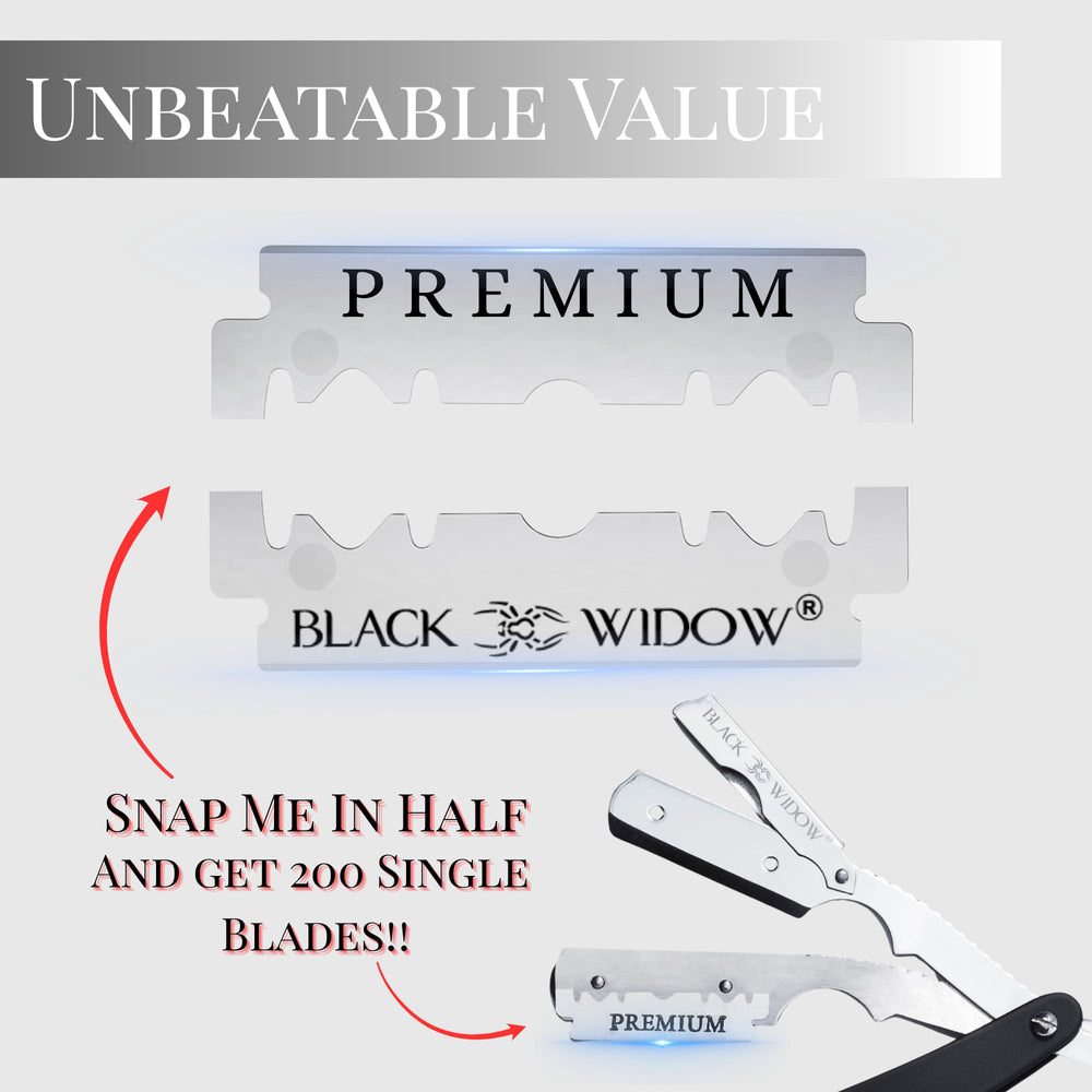 Black Widow packaging highlights savings when snapping blades for two razors.