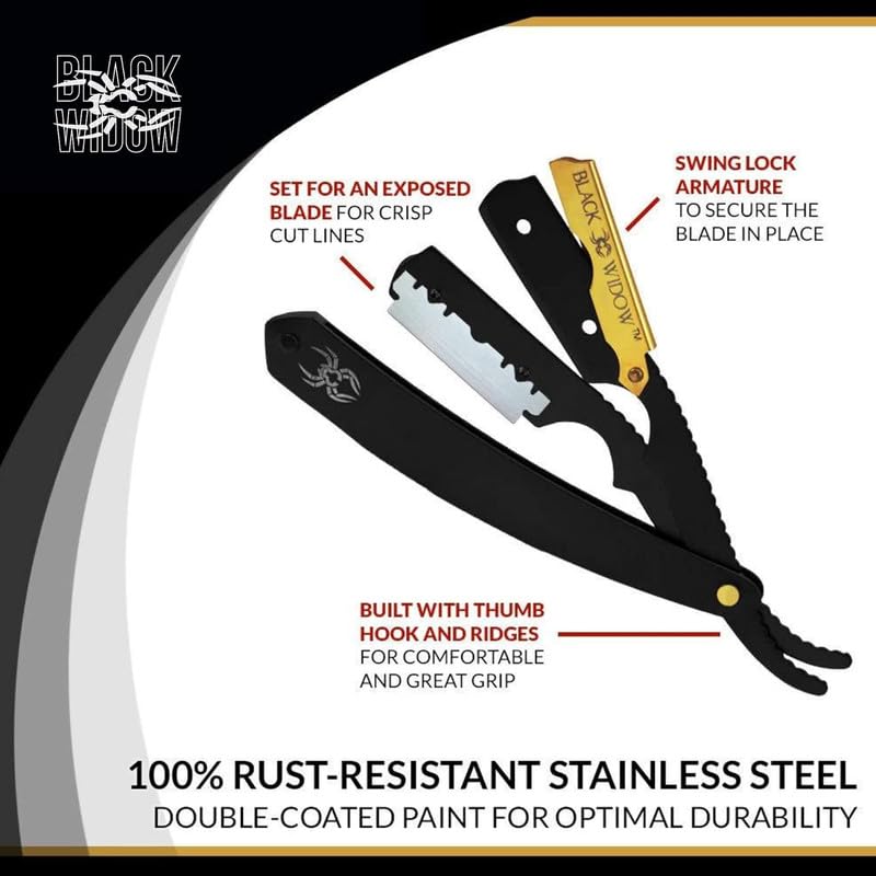 Black Widow packaging shows included blades for immediate professional and home use.