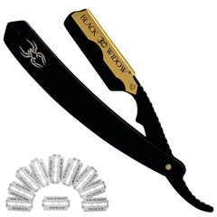 Black Widow straight razor front view shows matte black and gold design for pro precision.
