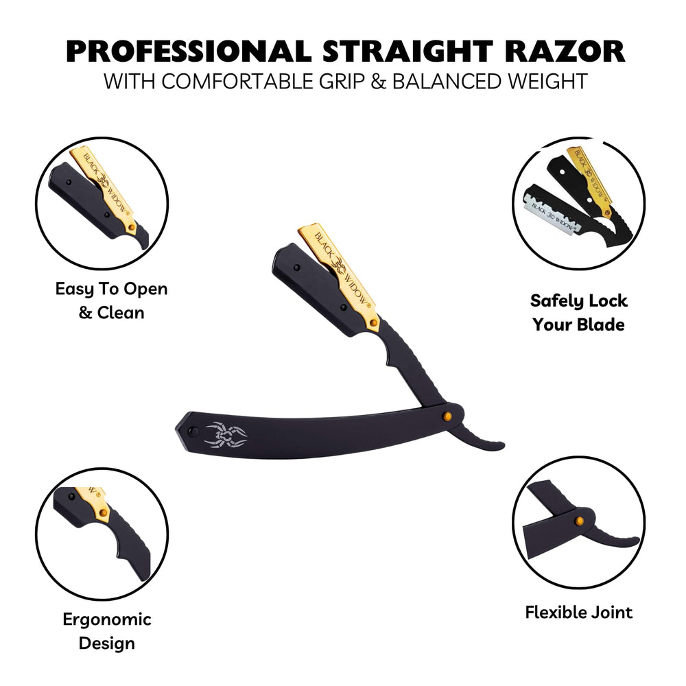 Black Widow swing-lock grip close-up highlights secure blade alignment for safer shaves.