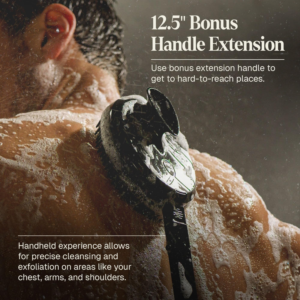 Black Wolf detachable 12.5-inch handle enabling back and shoulder cleansing with ease.