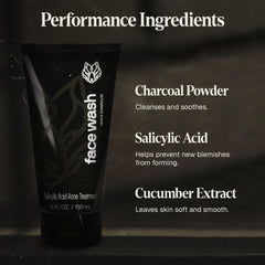 Black Wolf face wash texture closeup reveals gritty charcoal particles and smooth skin after use.