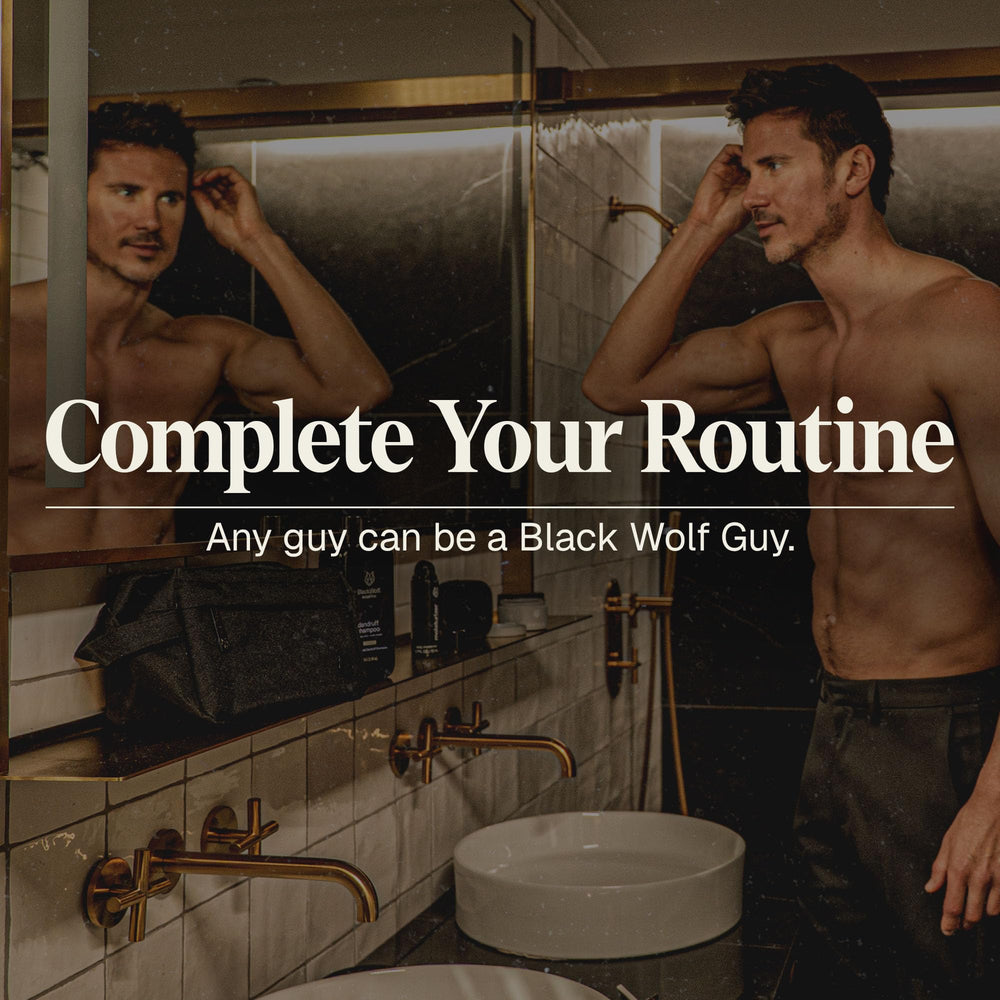 Black Wolf men cleanser application showing clean, confident feeling after washing.